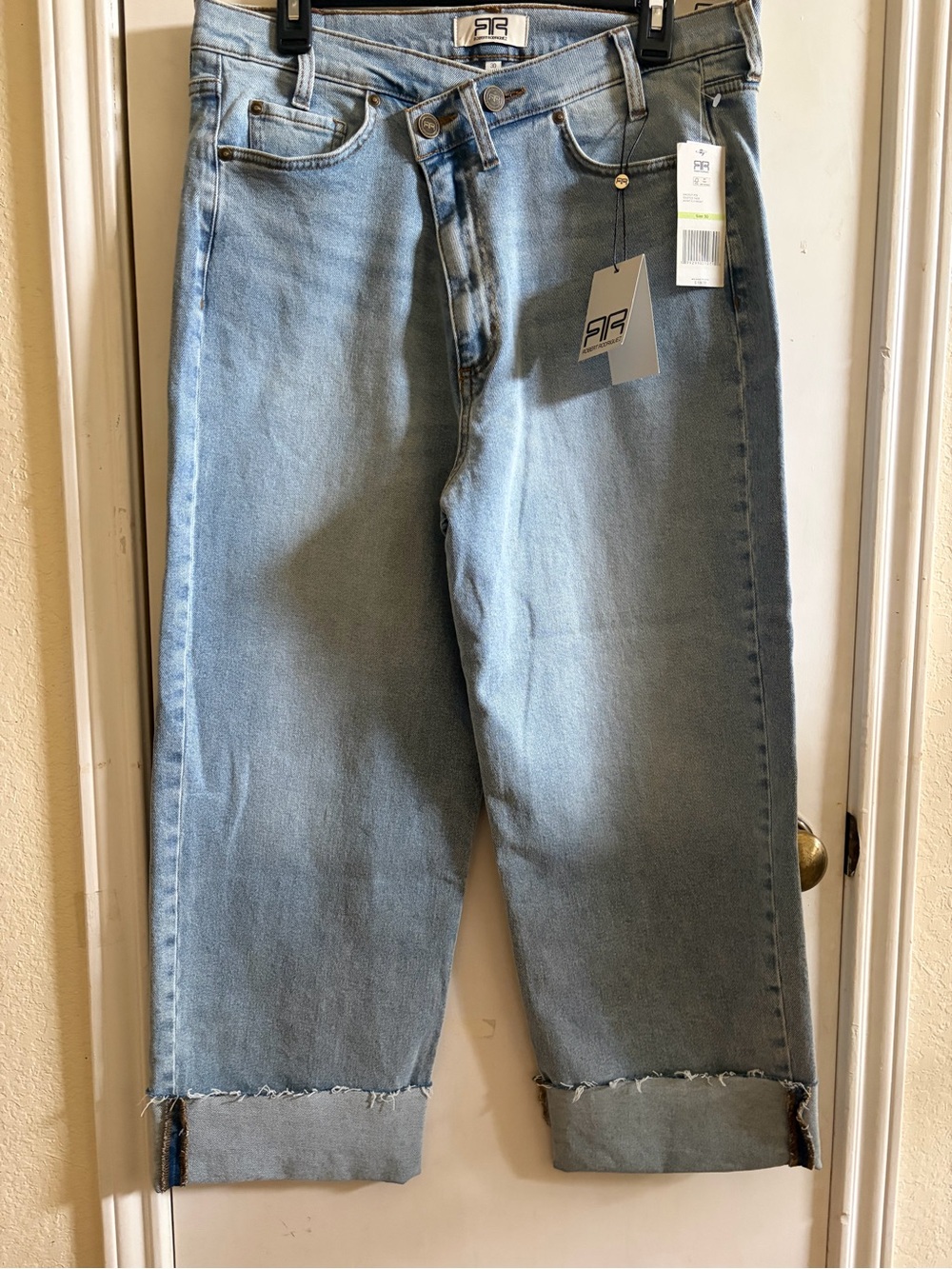NWT Robert Ridrigues women crafted wide leg jeans asymt fly front size 30
